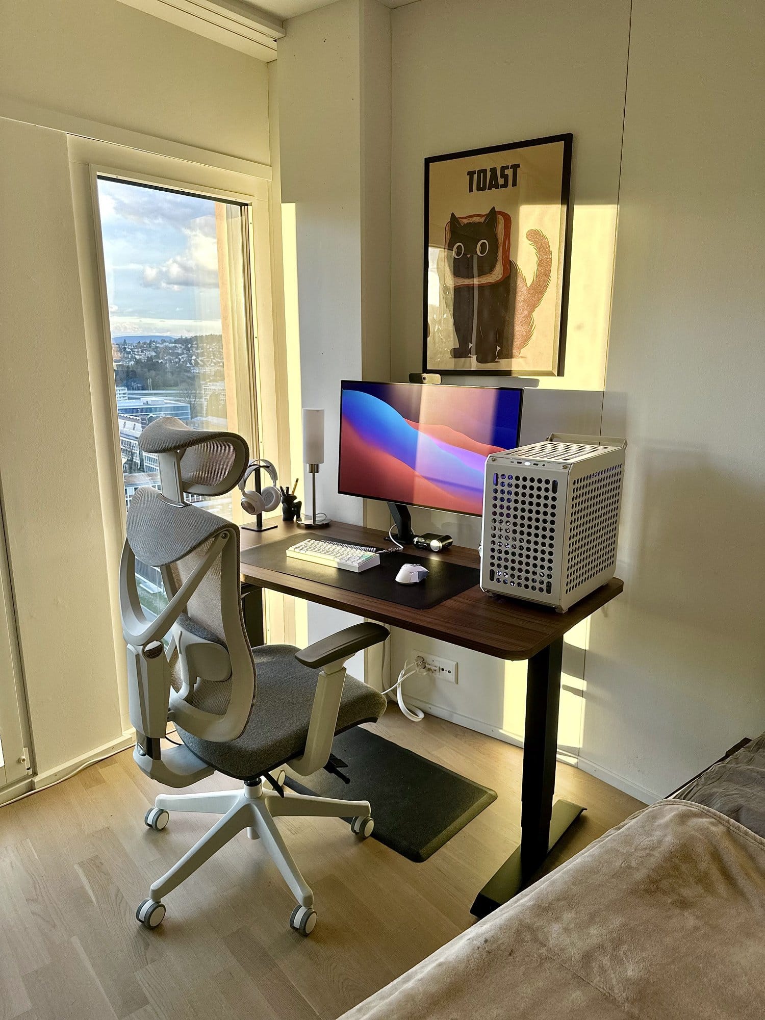 A WFH desk setup with an LG UltraGear 32GS95UE-B monitor and a framed TOAST cat poster on the wall by the window