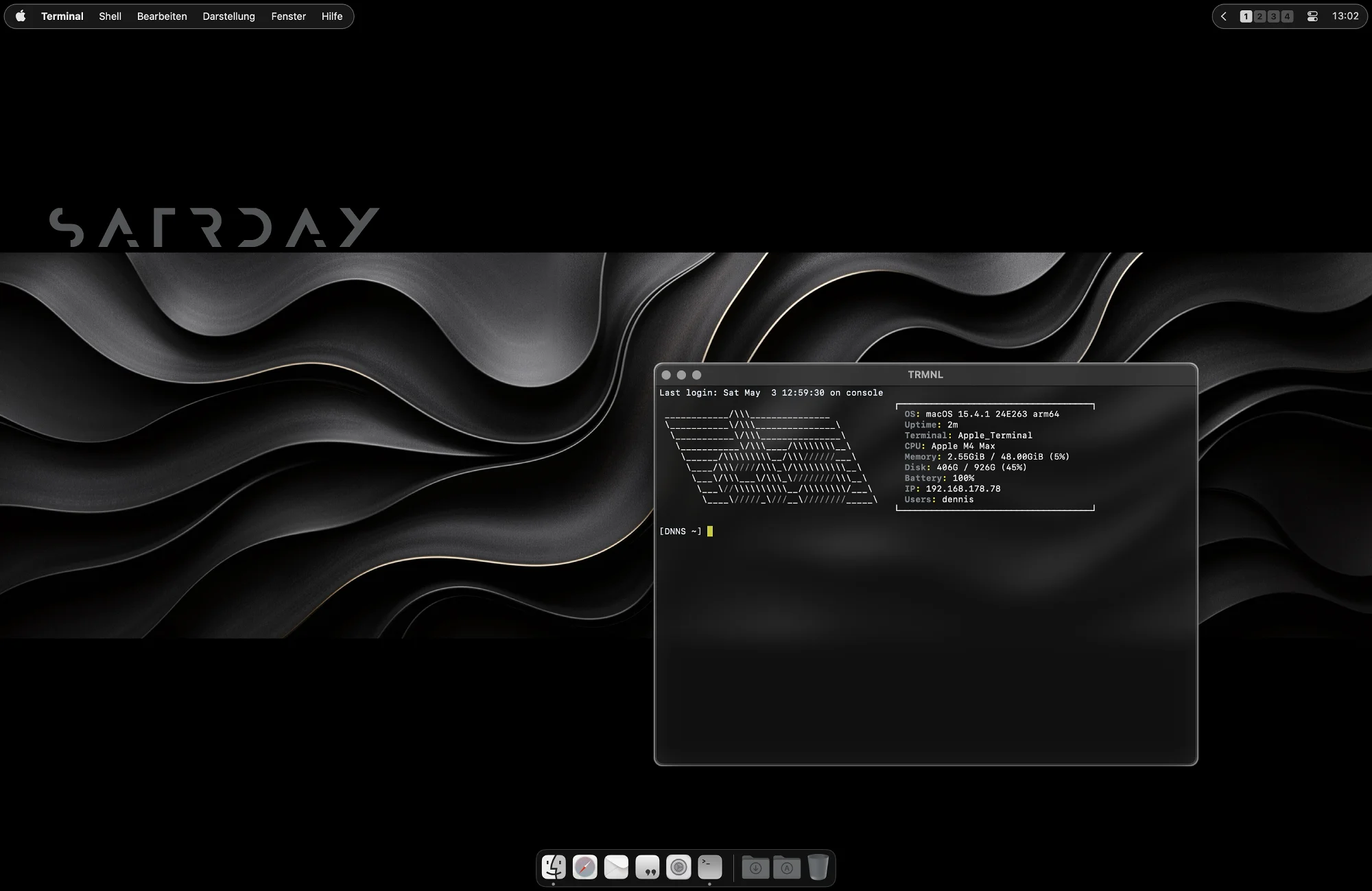 A macOS desktop with Terminal open, showing system info and ASCII art