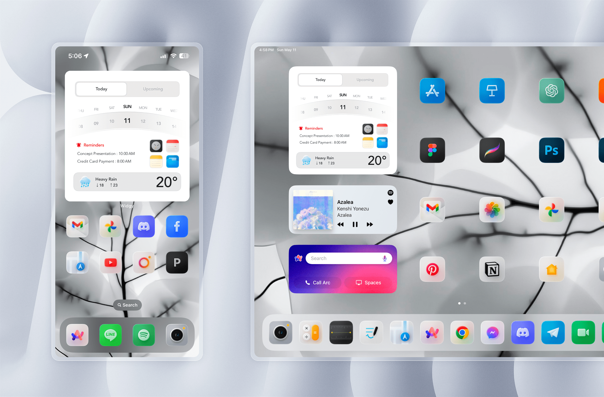 Side-by-side iPhone and Mac home screens displaying Today widgets for calendar, reminders, weather and music along with app icons