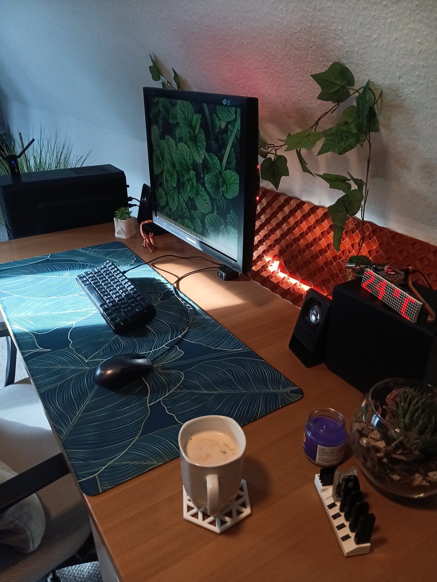 minimalist desk setup with single monitor, custom keyboard, leafy desk mat, wall plants, LED clock, coffee mug, and a glass terrarium