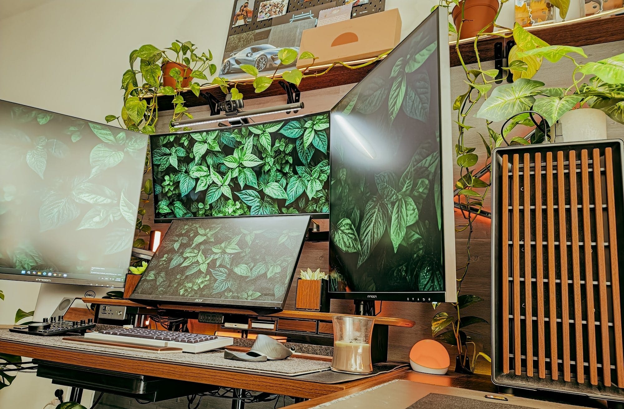 modern desk setup with four monitors, mechanical keyboard, streaming microphone, custom pc, indoor plants, and ambient lighting