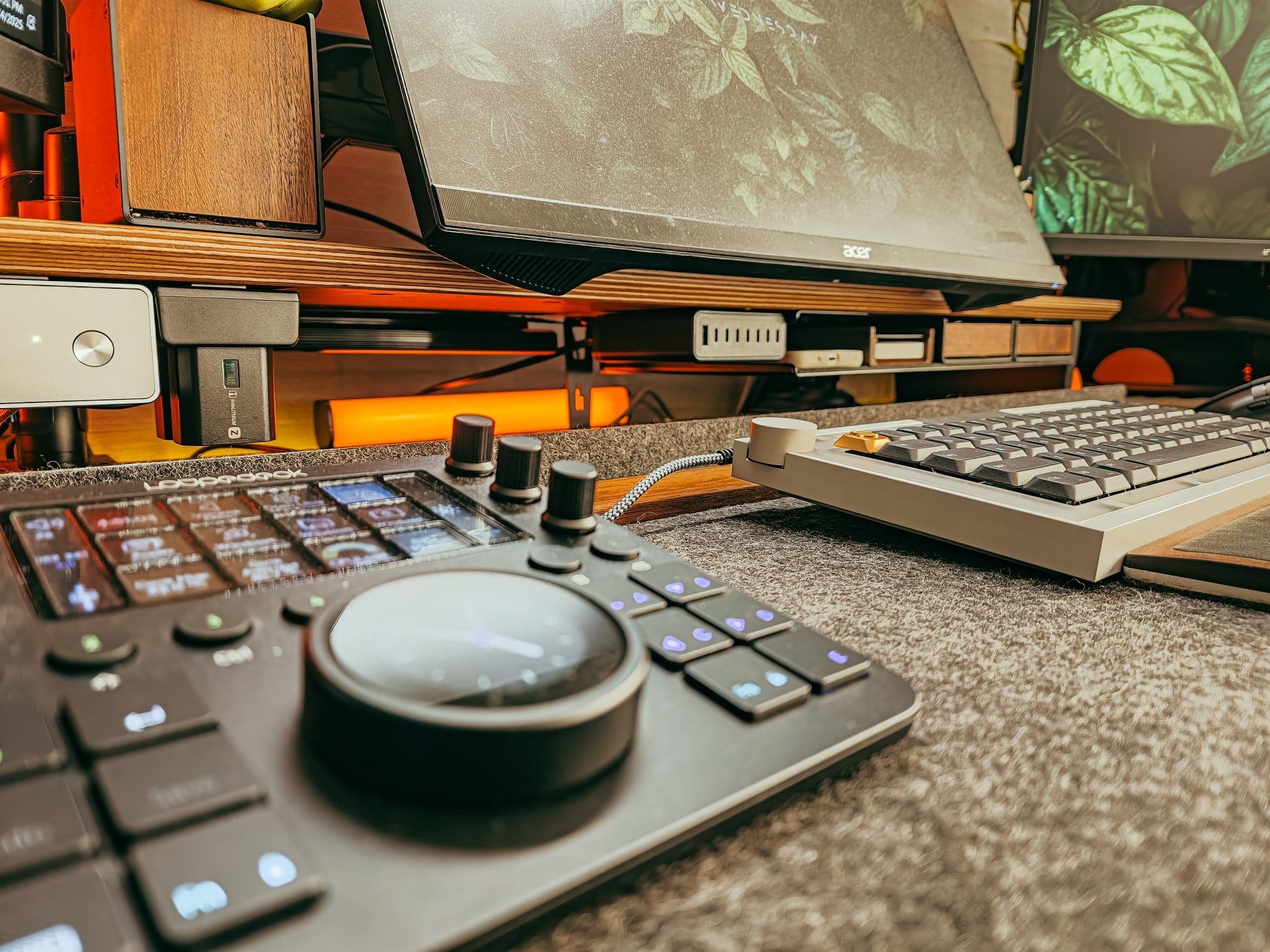 close up of desk setup with mechanical keyboard, Loupedeck CT, multiple monitors, and ambient lighting
