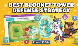 Blooket Tower Defense strategy guide covering Sunny Meadow map selection, early-game coin management, five-tower upgrade paths prioritizing Wind Dragons and Crazy Unicorns, tower effectiveness rankings past round 500, and Perma Stun combination mechanics.