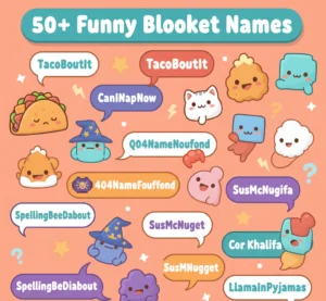 Funny Blooket names guide for 2026 covering 50+ usernames across pop culture puns, self-deprecating humor, tech and gamer references, and food jokes, with classroom-appropriate options like Brainzilla and competitive gamer tags like PhantomGuess, and 25-character username limit.