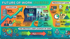 Future of work statistics for 2026 covering 91% business AI adoption versus 26% weekly employee usage, 22% US remote workforce with 4% turnover versus 10% in-office, WEF projection of 78 million net job gain by 2030, and 23% global employee engagement costing $8.9 trillion annually.