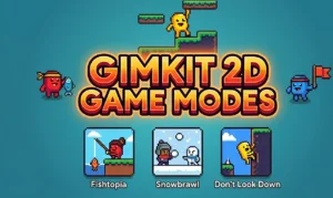 Gimkit 2D game modes guide for 2026 covering 13 active modes split into 9 top-down including Fishtopia and Snowbrawl and 4 platformer including Don't Look Down, XP and GimBucks exclusive to 2D formats, PvP at 38.5% of modes, and Gimkit Pro required for Color Clash and Diamond Rush.