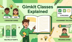 Gimkit classes guide covering teacher benefits for consistent student names, assignment tracking, progress saving, and Instant Join for live games, four-step process for adding students via join link, auto-accept toggle for request-based enrollment, and Pro subscription for full reporting features.
