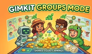 Gimkit groups mode guide covering team play where squads pool earnings, nine game modes split across solo competitive, full-class cooperative, social/creative, and team-vs-team formats, post-session reports with per-student accuracy data, and paid tier homework assignments.