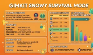 Gimkit Snowy Survival mode guide covering infection-style 2D gameplay with The Cursed hunting regular players using Snowball Launchers, 20-second grace period, fish-based weapon farming from Common at 10 Gray Fish to Legendary at 1 GimFish, Gold Key vault requiring 10 keys, and hidden lore connecting Echo and Vortex factions to The Crafter.