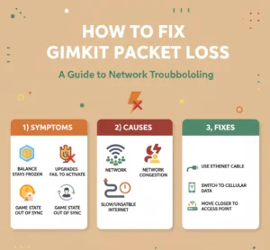 Gimkit packet loss troubleshooting guide covering symptoms like frozen balances and inactive upgrades, causes with Wi-Fi congestion at 45% and slow internet at 30%, bandwidth demand at 250 Kbps for standard and 400 Kbps for 2D modes, and fixes including Ethernet connection, 5 GHz Wi-Fi, and firewall whitelisting.