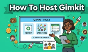 Gimkit host guide covering five-step process from kit creation to live session monitoring, game mode comparison with Classic at low time pressure versus Floor Is Lava at high pressure and Trust No One at high collaboration, 250 player maximum with Pro subscription, smart repetition for targeted review, and async assignment capability for homework.