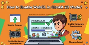 Gimkit WebGL enabling guide covering Chrome hardware acceleration toggle at 92% fix rate, Firefox update at 88%, Safari WebGL allowlist at 80%, graphics driver updates at 95% resolution rate, and Google Admin 3D content policy for managed Chromebooks.