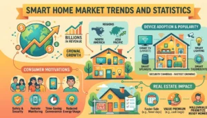 Smart Home Market Trends And Statistics 2026 Smart home market statistics for 2026 covering $164.13 billion global valuation projected to $311.22 billion by 2031 at 13.65% CAGR, US at $54.53 billion with 51.37% household penetration, North America at 36.23% share, Gen Z at 96% device ownership, smart lighting at 26% of global device market, and energy management as fastest-growing segment at 77% growth.