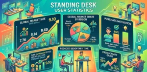 Standing desk statistics for 2026 covering $8.6 billion 2025 global market projected to $9.1 billion in 2026, 24 million office setups worldwide with 9.5 million in US, 67% Fortune 500 adoption, 46% buyers citing back pain relief, and Texas A&M study showing 53% productivity increase over six months.
