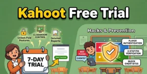 Kahoot free trial guide for 2026 covering 7-day trial activation, free vs paid feature comparison including player authentication and 2-step PIN, student cheating methods like bot flooding, and prevention effectiveness with player authentication at 92% and rotating PIN at 88%.