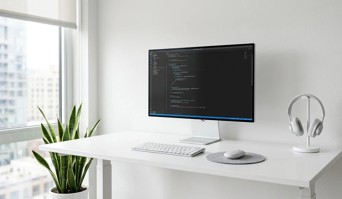 Minimalist single-screen build desk for developer