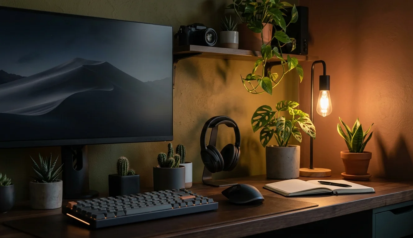 Plants and Tech in My Moody Desk Setup