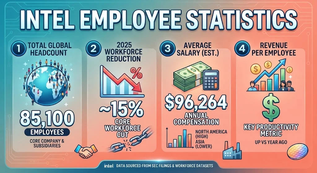 Intel employee statistics covering 2026 headcount, layoffs, salaries, hiring, and revenue-related workforce data.