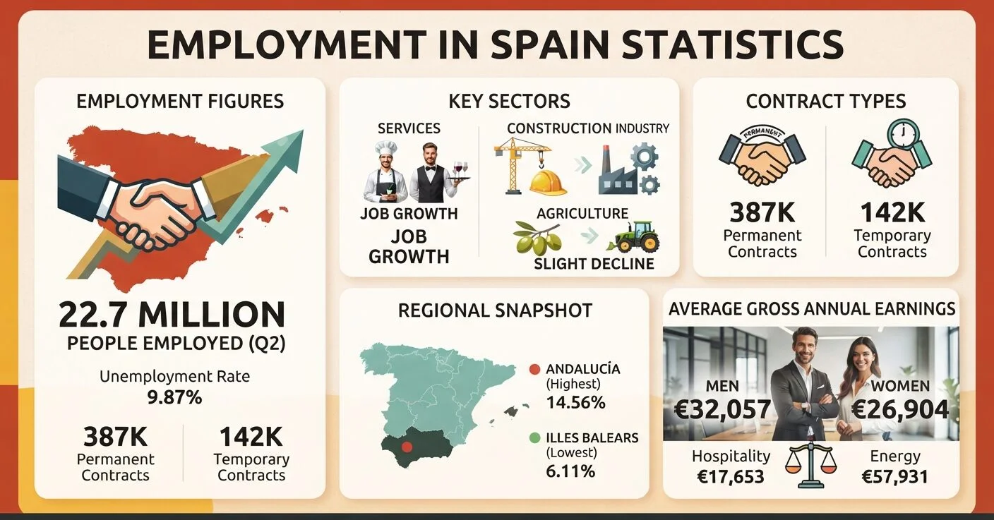 Employment in Spain statistics showing jobs, unemployment rates, salaries, regional gaps, Social Security affiliation, and EU comparisons.