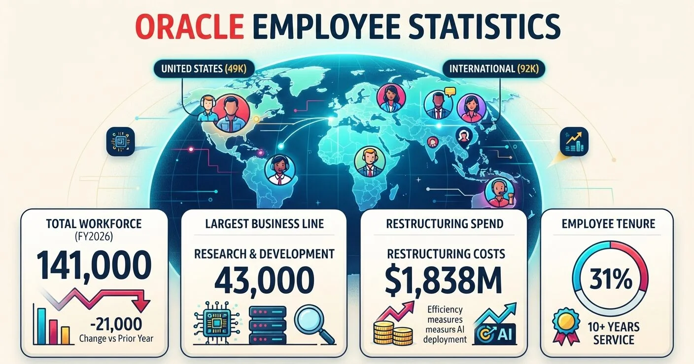 Oracle employee statistics for 2026 showing 141,000 employees, workforce changes, departments, locations, pay, tenure, and restructuring costs.
