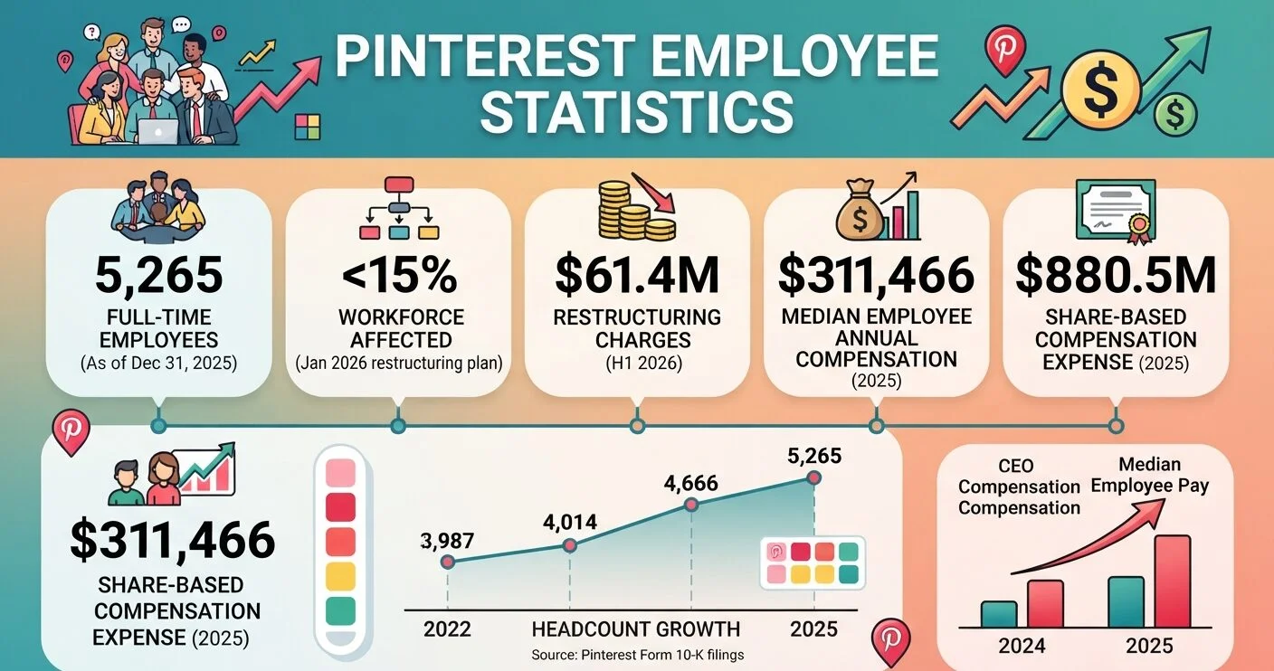 Pinterest employee statistics showing workforce growth, 2026 restructuring, employee pay, CEO compensation, and stock-based compensation.