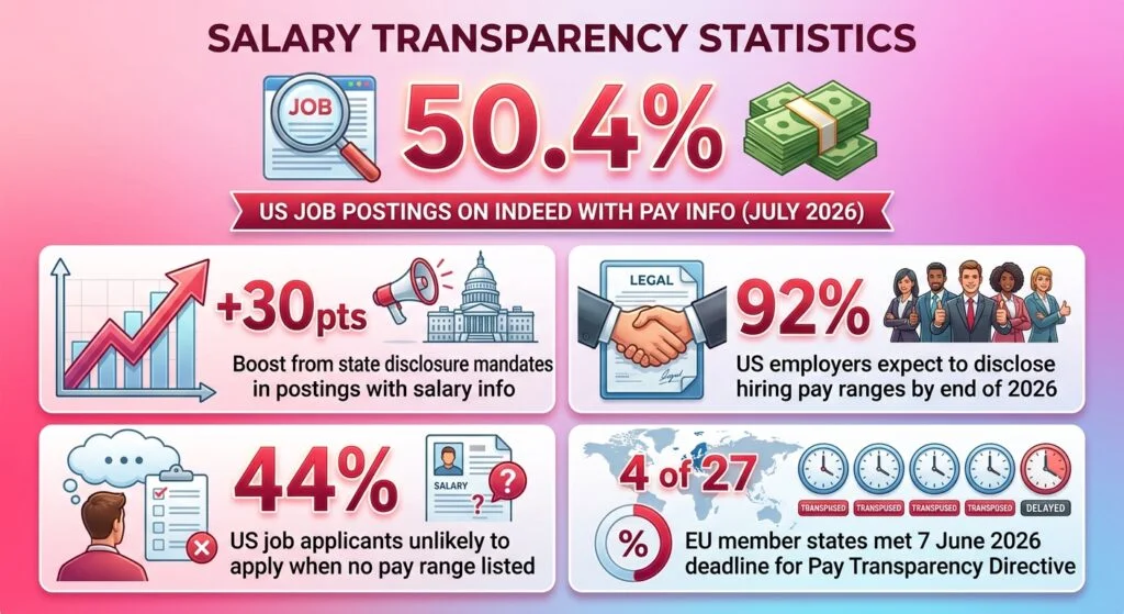 Salary transparency statistics for 2026 showing job postings with pay ranges, US state laws, global disclosure rates, employer practices, and job seeker responses.