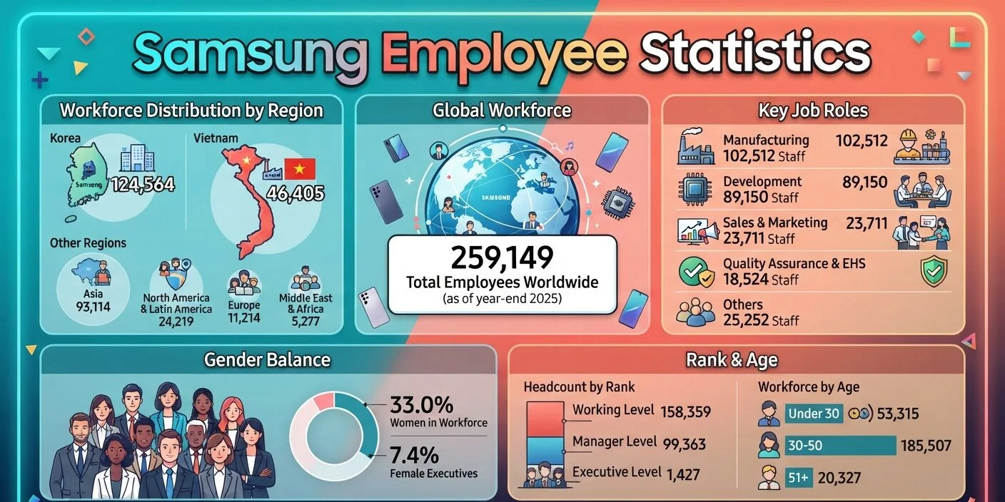 Samsung employee statistics showing 259,149 employees worldwide, country headcounts, job roles, salaries, age groups, and gender breakdown.