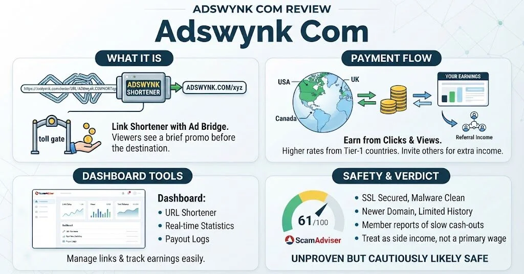 Adswynk com review covering its purpose, payment flow, earnings, and safety considerations.