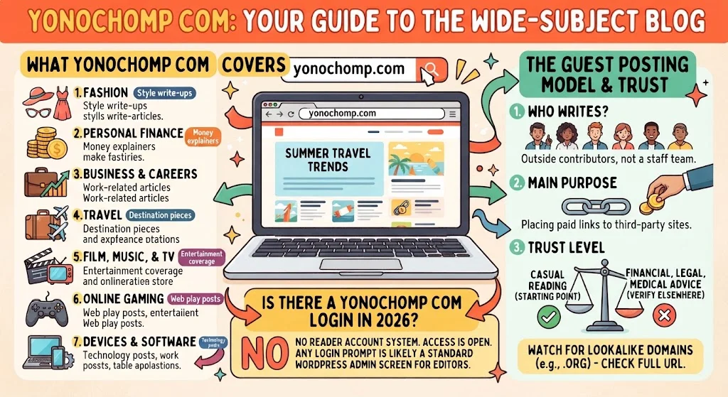 Yonochomp.com login page and website content in 2026