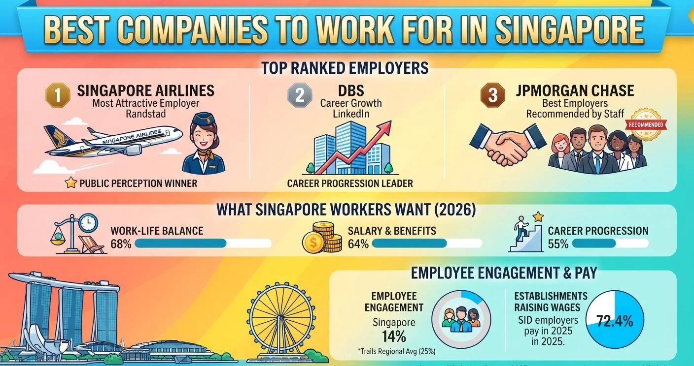 Best companies to work for in Singapore in 2026, comparing employer rankings, workplace priorities, employee engagement, pay increases, and hiring trends.