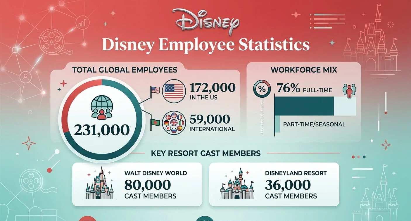 Disney employee statistics for 2026 highlighting workforce headcount, Walt Disney World and Disneyland staffing, median employee compensation, layoffs, hourly pay rates, and Disney Aspire education benefits.
