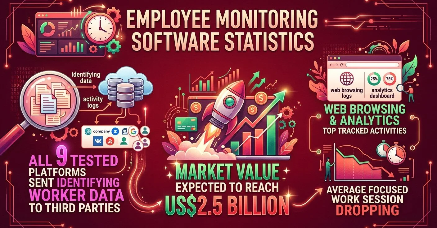 Employee monitoring software statistics in 2026, covering workplace surveillance, market growth, employee productivity, and data privacy.