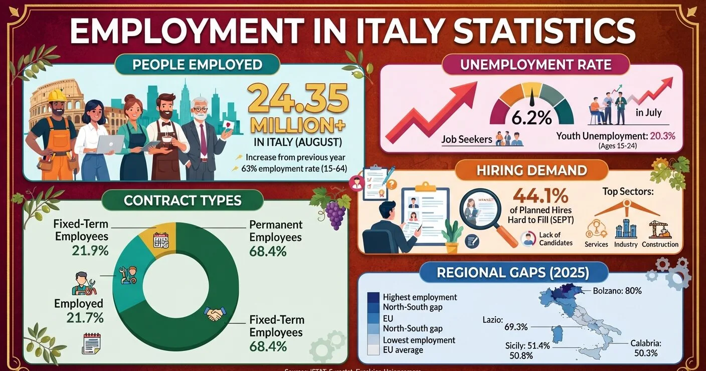 Italy employment statistics 2026 showing jobs, unemployment, wages, and hiring trends.