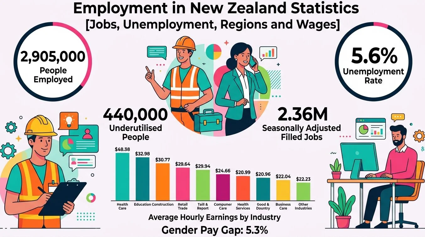 New Zealand employment statistics 2026 showing employment, unemployment rates, regional job trends, wages, and hiring activity.