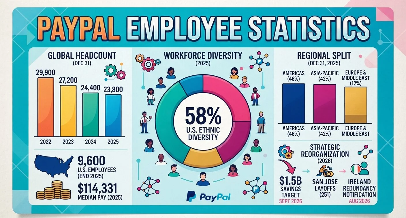 PayPal employee statistics 2026, including global and U.S. headcount, layoffs, median compensation, regional workforce, expenses, and diversity.